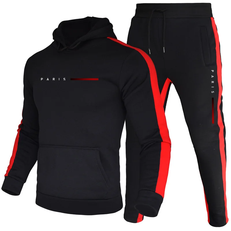 Mens Fashion Trend - ชุดฮู้ดดี้แฟชั่นผู้ชายสไตล์ปารีส ชุดลำลองสำหรับใส่เล่นกีฬา เสื้อฮู้ดและกางเกงจ็อกเกอร์ แฟชั่นผู้ชาย สีพื้น ชุดวอร์ม