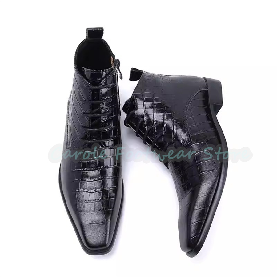 Men'S Fashion For Wedding - รองเท้าบูทข้อเท้าหนังแท้แฟชั่นสำหรับผู้ชาย หัวแหลม ส้นหนา รองเท้าบูทหุ้มข้อสูงแบบผูกเชือก รองเท้าแต่งงาน รองเท้าธุรกิจ