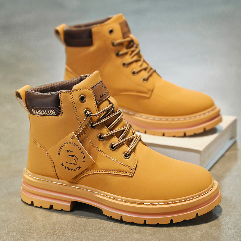 Yellow Men'S Fashion - รองเท้าบูทหุ้มข้อผู้ชายแบบคลาสสิก คุณภาพสูง หนังสีเหลือง รองเท้าผ้าใบแฟชั่นสำหรับกิจกรรมกลางแจ้ง รองเท้าผู้ชายแบบผูกเชือก กันลื่น