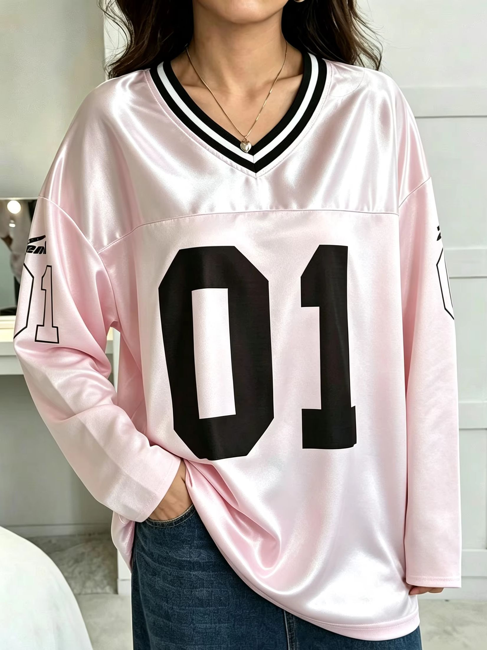 Men'S Fashion Designer - เสื้อยืดแขนยาวผู้ชายผู้หญิงสไตล์วินเทจ ทรงโอเวอร์ไซส์ พิมพ์ลายเลข 01 คอวี แฟชั่นสปอร์ต