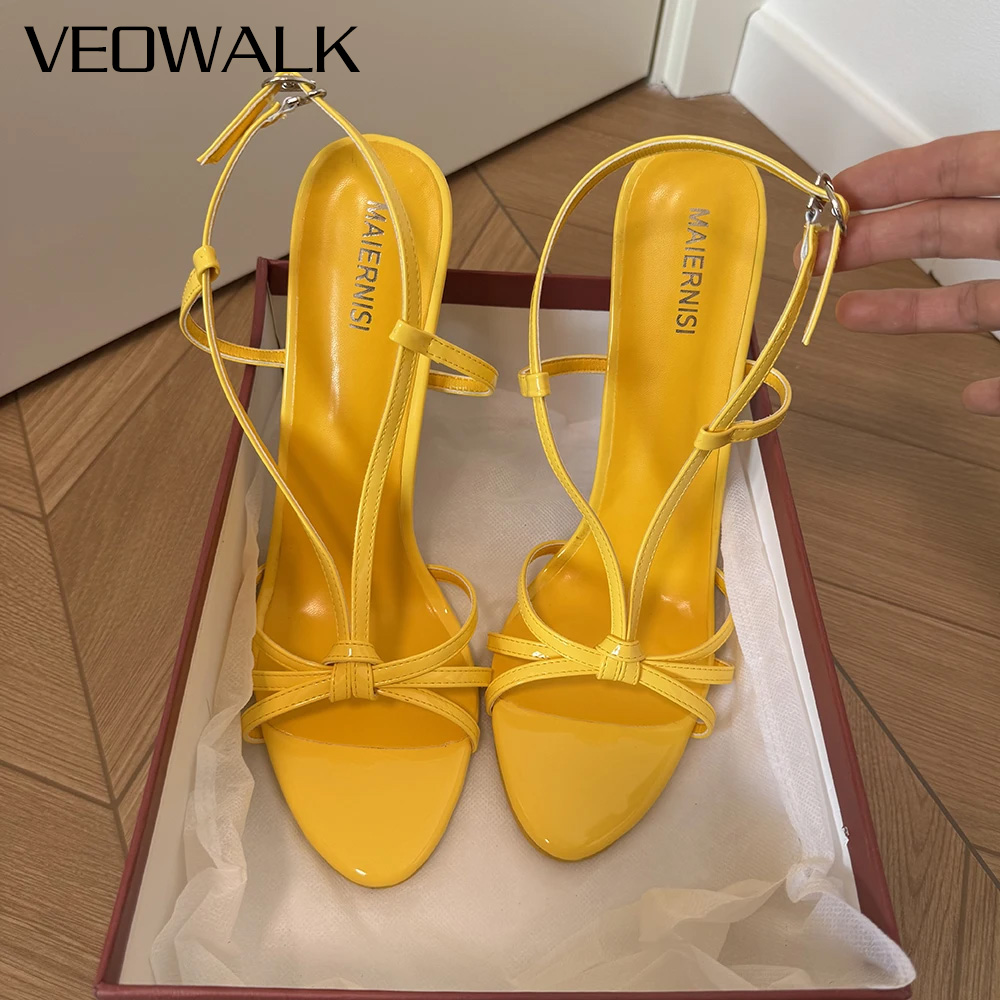 Mens Fashion Sandals - รองเท้าส้นสูงแฟชั่น 16 ซม. ส้นเข็มหนังแก้วสีเหลืองสุดเซ็กซี่สำหรับผู้หญิง สายรัดข้อเท้า สไตล์เฟติช