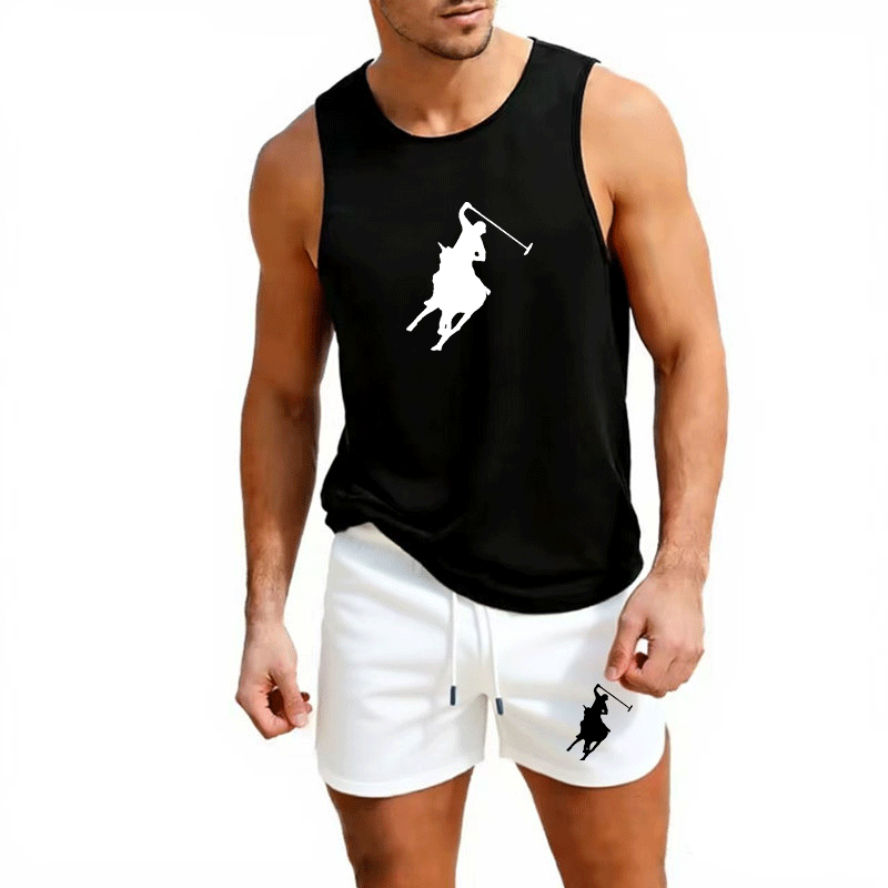 Mens Fashion Trend - ชุดเสื้อกั๊กและกางเกงขาสั้นฤดูร้อนสำหรับผู้ชายสไตล์ยุโรป ชุด 2 ชิ้น ชุดออกกำลังกายกลางแจ้ง ชุดกีฬาแฟชั่นลำลอง