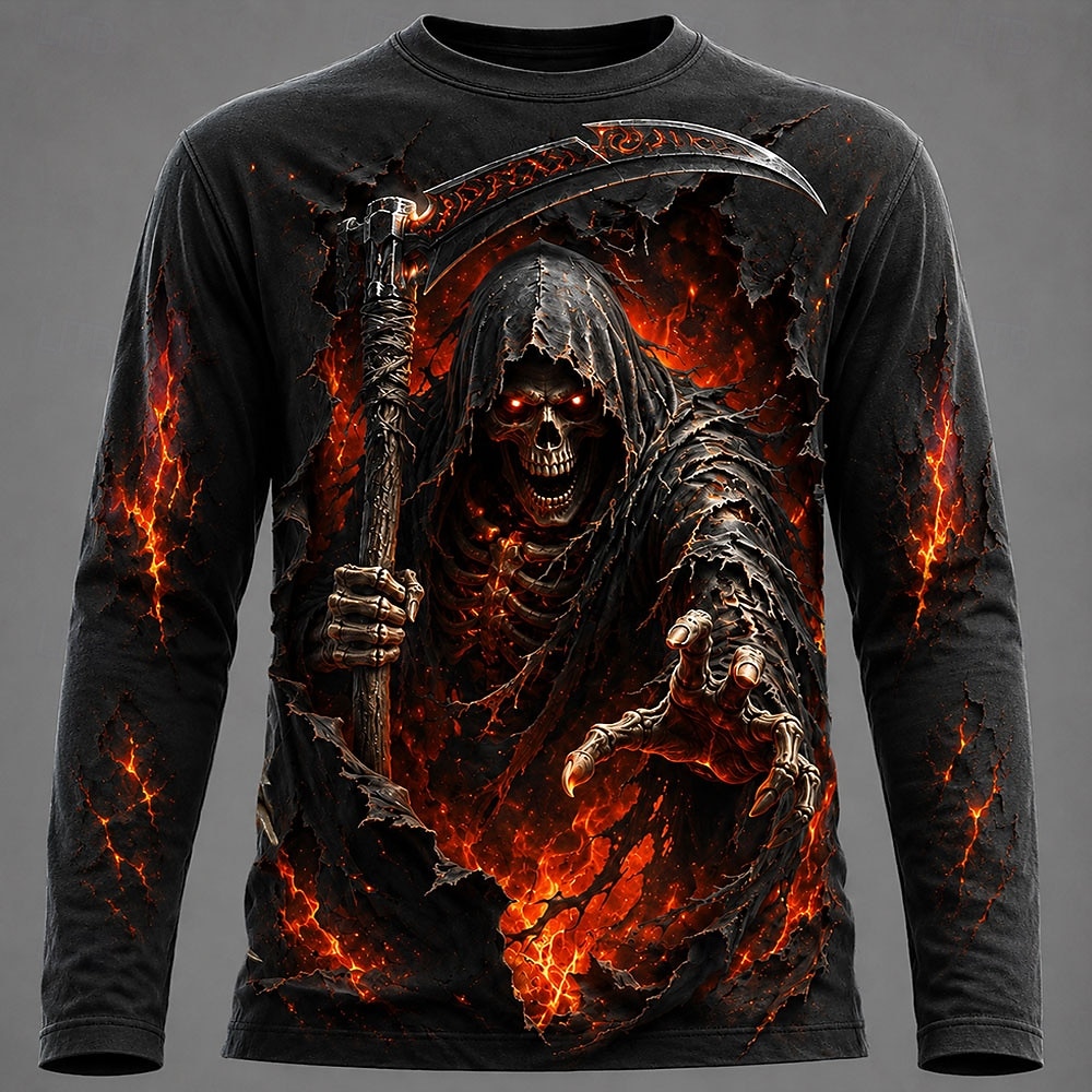 Men Fashion Upper - เสื้อยืดแขนยาวพิมพ์ลายกราฟิก 3D สำหรับผู้ชาย ลายหัวกะโหลกสไตล์โกธิค เสื้อพูลโอเวอร์สำหรับฤดูใบไม้ร่วง ของขวัญเทศกาลใหม่
