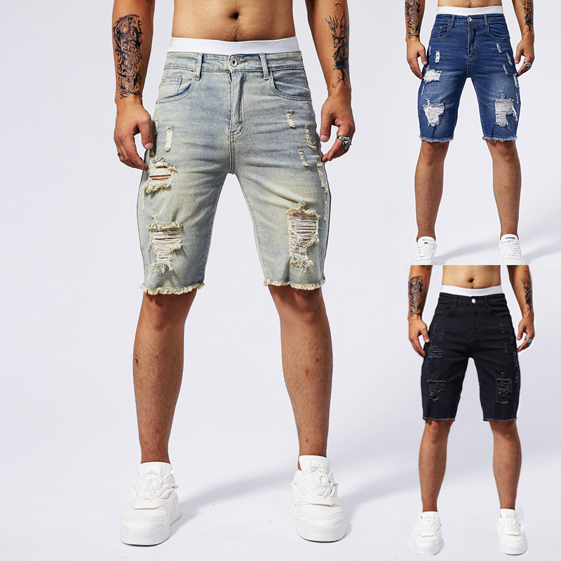 Men'S Fashion Pants 2025 - 2025 ฤดูร้อนใหม่ผู้ชาย Ripped กางเกงยีนส์กางเกงขาสั้นแฟชั่น Vintage Hole