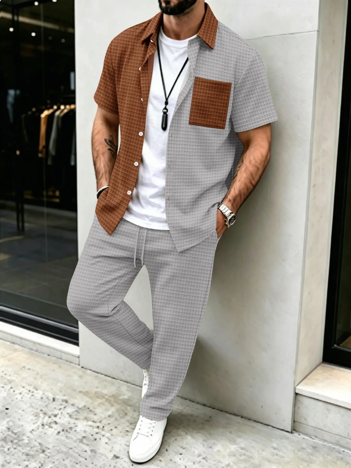 Men'S Fashion Designer - ชุดเสื้อ+กางเกงขายาวลายวาฟเฟิลสีพื้นสำหรับผู้ชาย ดีไซน์สีตัดกัน ชุดแฟชั่นอเนกประสงค์สำหรับสวมใส่ในชีวิตประจำวัน