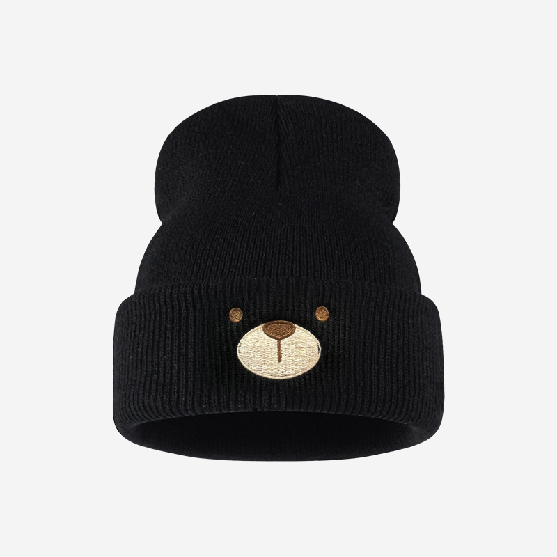 Beanie Winter Hat - หมวกไหมพรมน่ารักสำหรับเด็กวัย 1-3 ปี พร้อมขอบพับ ปักลายหน้าหมีน่ารัก สวมใส่สบาย