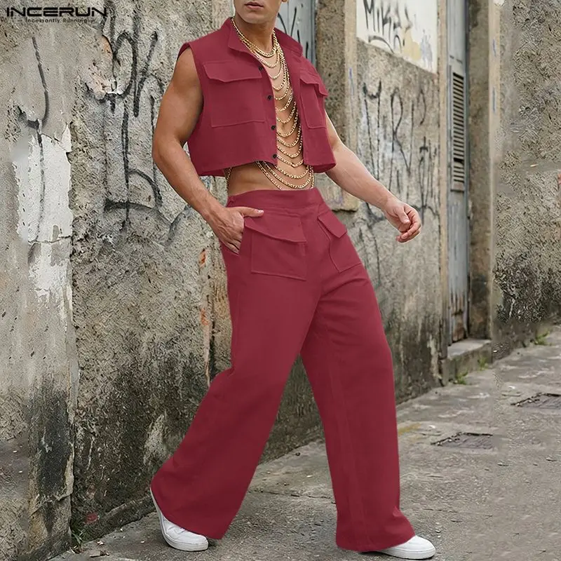 Men'S Fashion Designer - INCERUN ชุดเซ็ตผู้ชาย เสื้อครอปแขนกุดสีพื้น กางเกงขายาว ชุด 2