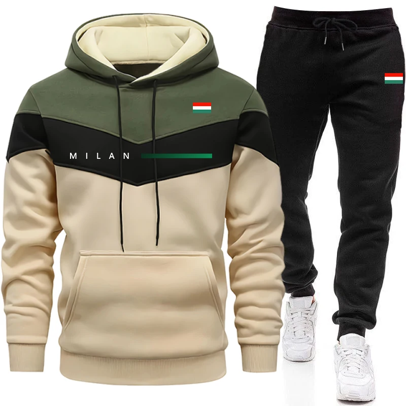 Mens Fashion Trend - ชุดฮู้ดดี้แฟชั่นอิตาลีสำหรับผู้ชาย เสื้อฮู้ดดี้ลำลองสำหรับกีฬาประจำวันและกางเกงจ็อกเกอร์ ชุดวอร์มสไตล์เมืองทันสมัยสำหรับผู้ชาย