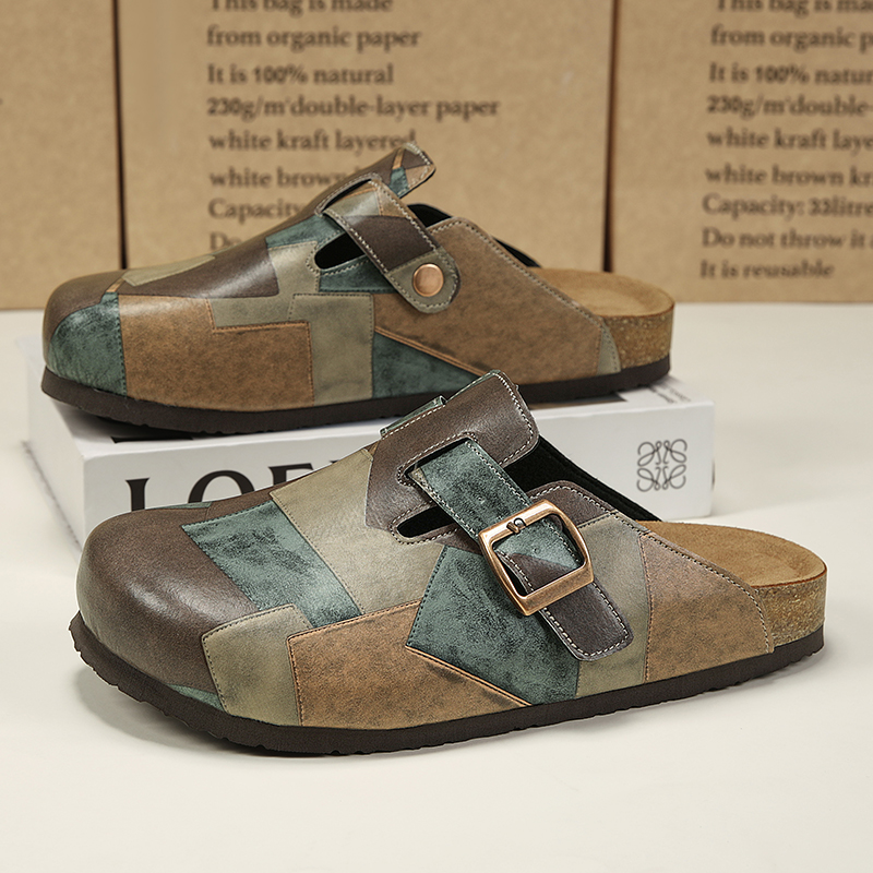 Mens Fashion Sandals - รองเท้าแตะแบบสวมเปิดส้นหนังแฟชั่น พร้อมสายรัดปรับได้ พื้นรองเท้าแบบไม่มีส้น ทำจากไม้ก๊อก สำหรับทุกเพศ