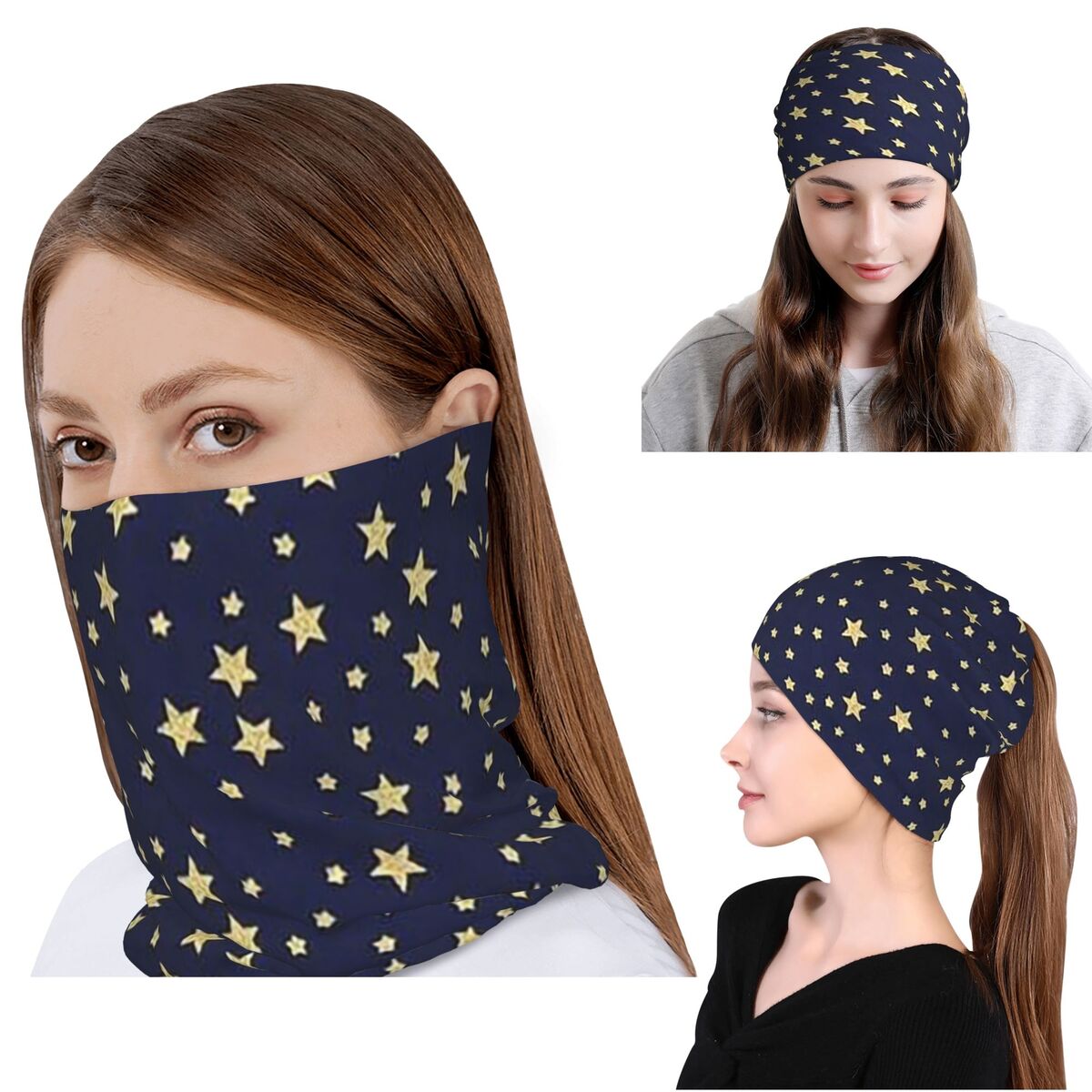 Beanie Winter Hat - ผ้าพันคอพิมพ์ลายท้องฟ้าสีน้ำเงินกรมท่าและดวงดาว ผ้าพันคอคลุมคอ ผ้าพันคออเนกประสงค์ หมวกบาลาคลาวา หมวกบีนนี่ สำหรับผู้ชาย