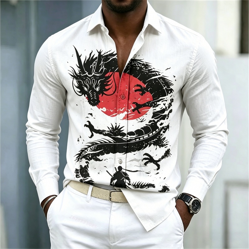 Men'S Fashion Designer - เสื้อเชิ้ตผู้ชายลายมังกรสีขาวดำแดงตัดกัน รุ่นใหม่ปี 2026 สไตล์สตรีทแฟชั่นลำลองธุรกิจ แขนยาว เสื้อผ้าผู้ชาย