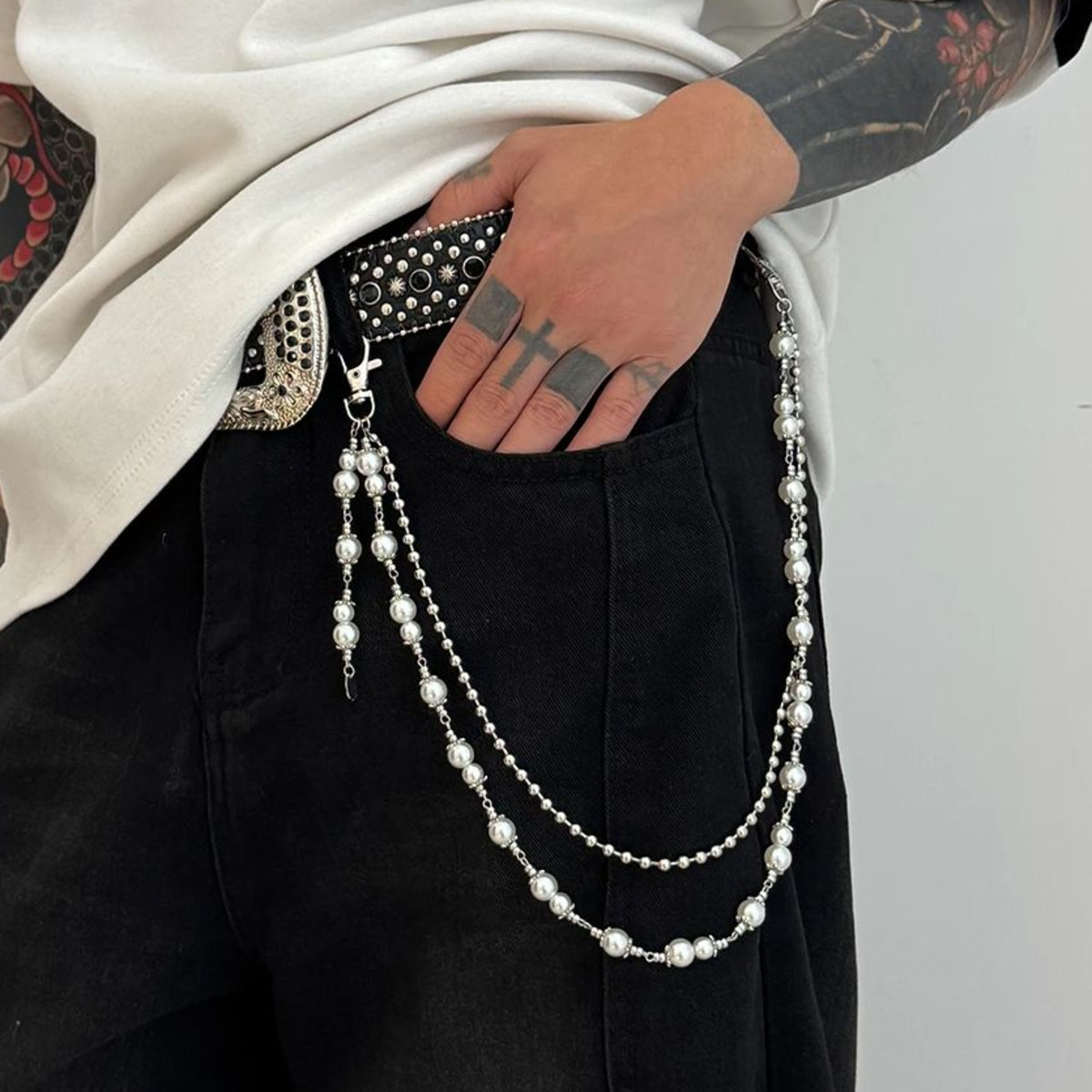 Men'S Fashion Pants 2025 - Ingemark 2025 Faddish ที่ไม่ซ้ํากันเลียนแบบไข่มุกเอวสําหรับผู้ชายผู้หญิงฤดูร้อนกางเกงยีนส์กางเกง Punk เครื่องประดับอุปกรณ์เสริม