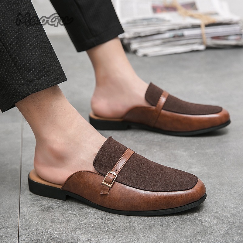 Suede Loafers Men - รองเท้าผู้ชายแบบสวมหนังเทียมและหนังกลับ สายรัดหัวเข็มขัด แบบเปิดส้น สไตล์ลำลอง ใส่สบาย