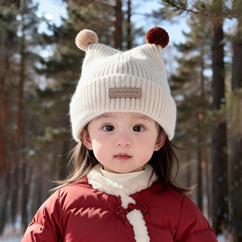 Beanie Winter Hat - หมวกไหมพรมเด็กอายุ 1-4 ปี น่ารัก ตกแต่งด้วยลูกบอลขนปุยสองลูก ป้องกันความหนาว