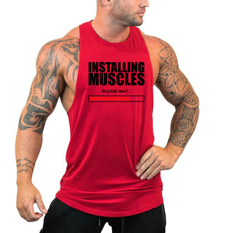 Muscle Tee Workout - การติดตั้งกล้ามเนื้อ Please Wait พิมพ์เสื้อกั๊กฟิตเนสวิ่งผ้าฝ้าย Breathable Tank