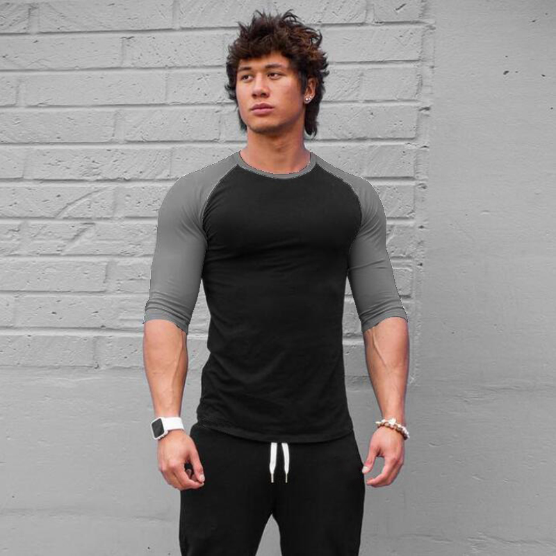 Muscle Tee Workout - เสื้อเชิ้ตแขนสามส่วนออกกำลังกายผ้าฝ้ายระบายอากาศเข้ารูปสำหรับผู้ชายเสื้อฝึกกล้ามเนื้อ