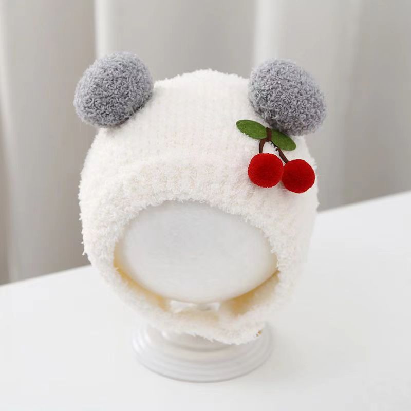 Beanie Winter Hat - หมวกไหมพรมเด็กอ่อนสำหรับฤดูหนาว ลายเชอร์รี่น่ารัก ป้องกันหู สำหรับเด็กอายุ 3-24 เดือน