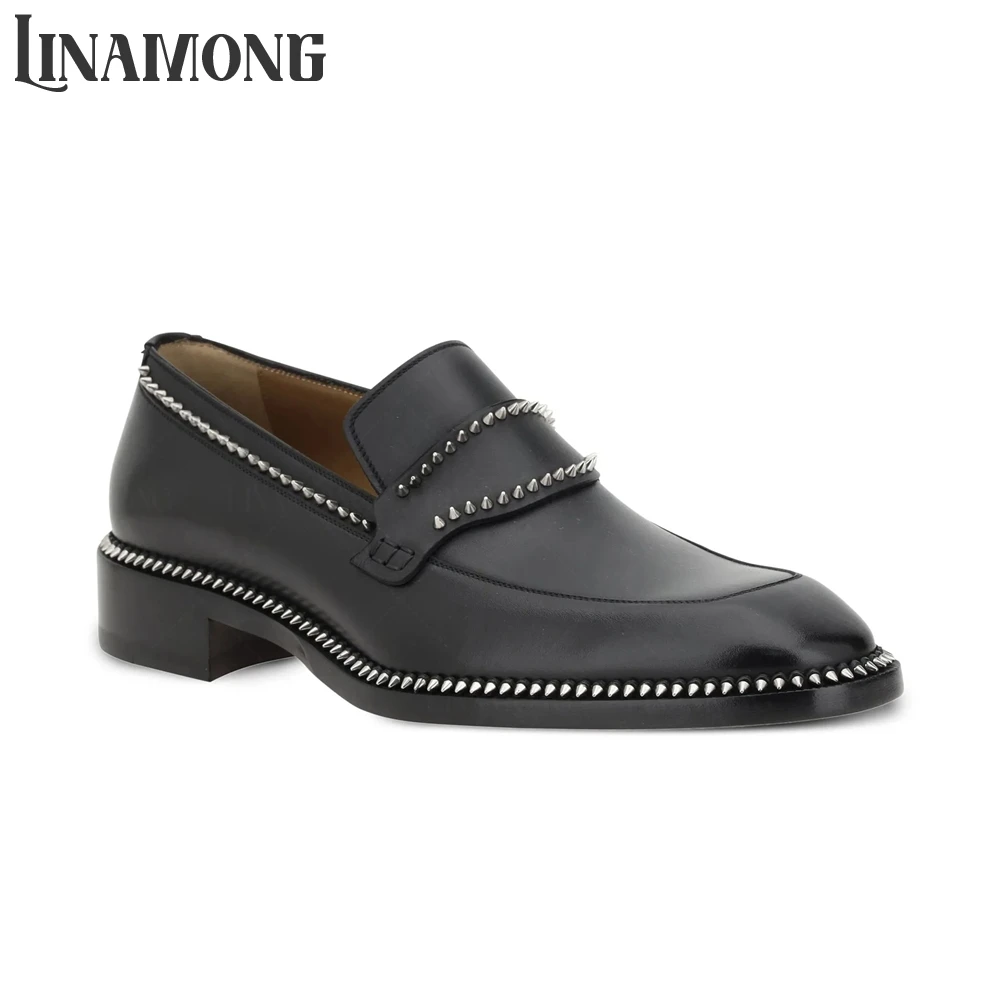Suede Loafers Men - รองเท้าโลฟเฟอร์สีดำทรงอัลมอนด์ ประดับหมุดสีเงิน หนังแท้ ดีไซน์เนอร์สไตล์ ทำมือ สำหรับผู้ชาย