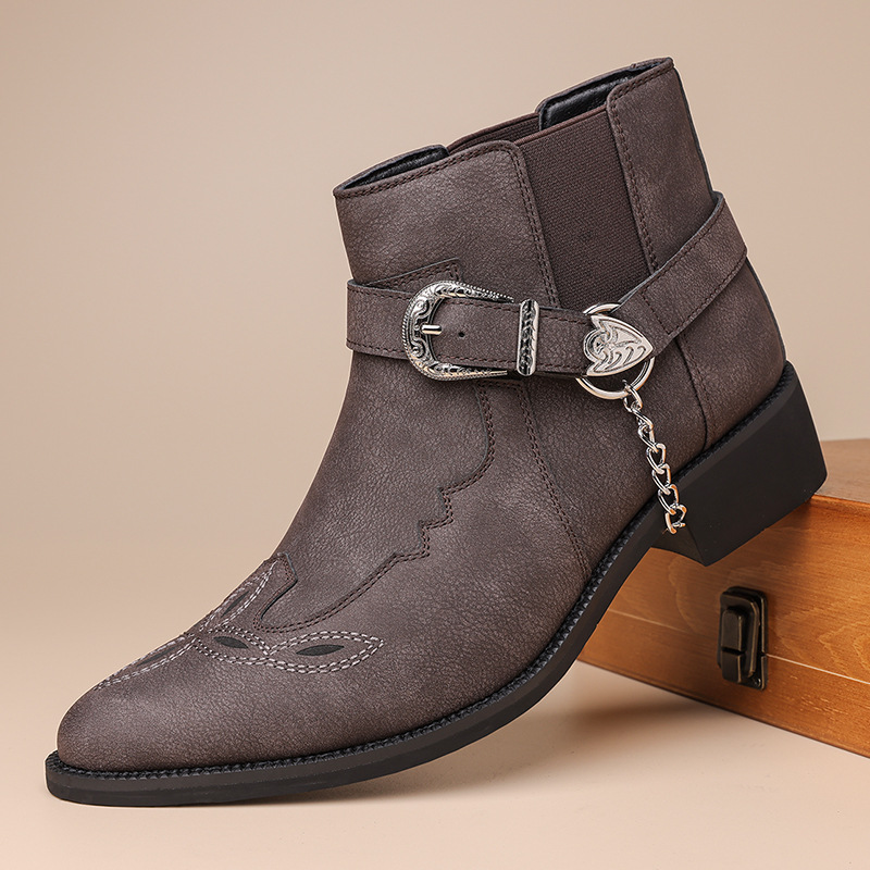 Men Fashion Vintage - รองเท้าบูทคาวบอยวินเทจสำหรับผู้ชาย แบรนด์ใหม่สไตล์เรโทร หนังแท้ หุ้มข้อสูง พร้อมสายรัดโซ่และหัวเข็มขัด สไตล์พังก์