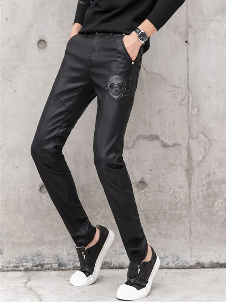 Men'S Fashion Pants 2025 - 2025 ใหม่ผู้ชายสีดํากางเกงหนังFauxแฟชั่นSkull Patchwork Mens SkinnyกางเกงหนังคุณภาพสูงSlim Fitกางเกงดินสอ