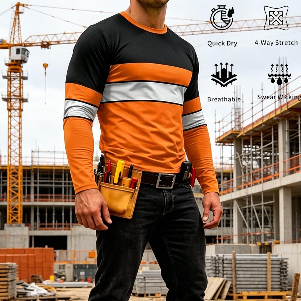 Men Fashion Upper - เสื้อยืดแขนยาวลายทางสีสันสดใสคุณภาพสูงสำหรับฤดูใบไม้ร่วง เสื้อทำงานผู้ชาย ระบายอากาศได้ดี คอทรงโอ ใส่สบาย เหมาะสำหรับงานด้านความปลอดภัย