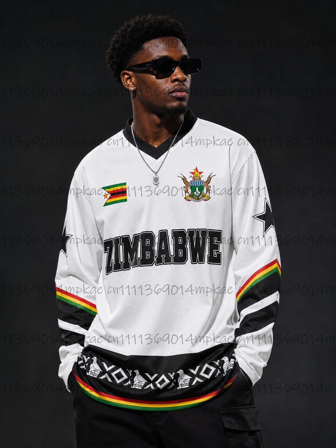 Mens Fashion Trend - เสื้อยืดแขนยาวคอวีพิมพ์ลายสไตล์ชนเผ่าซิมบับเวสำหรับฤดูใบไม้ร่วง, เสื้อกีฬาแนวเรโทรหลวมๆ แฟชั่น, เสื้อผู้ชาย