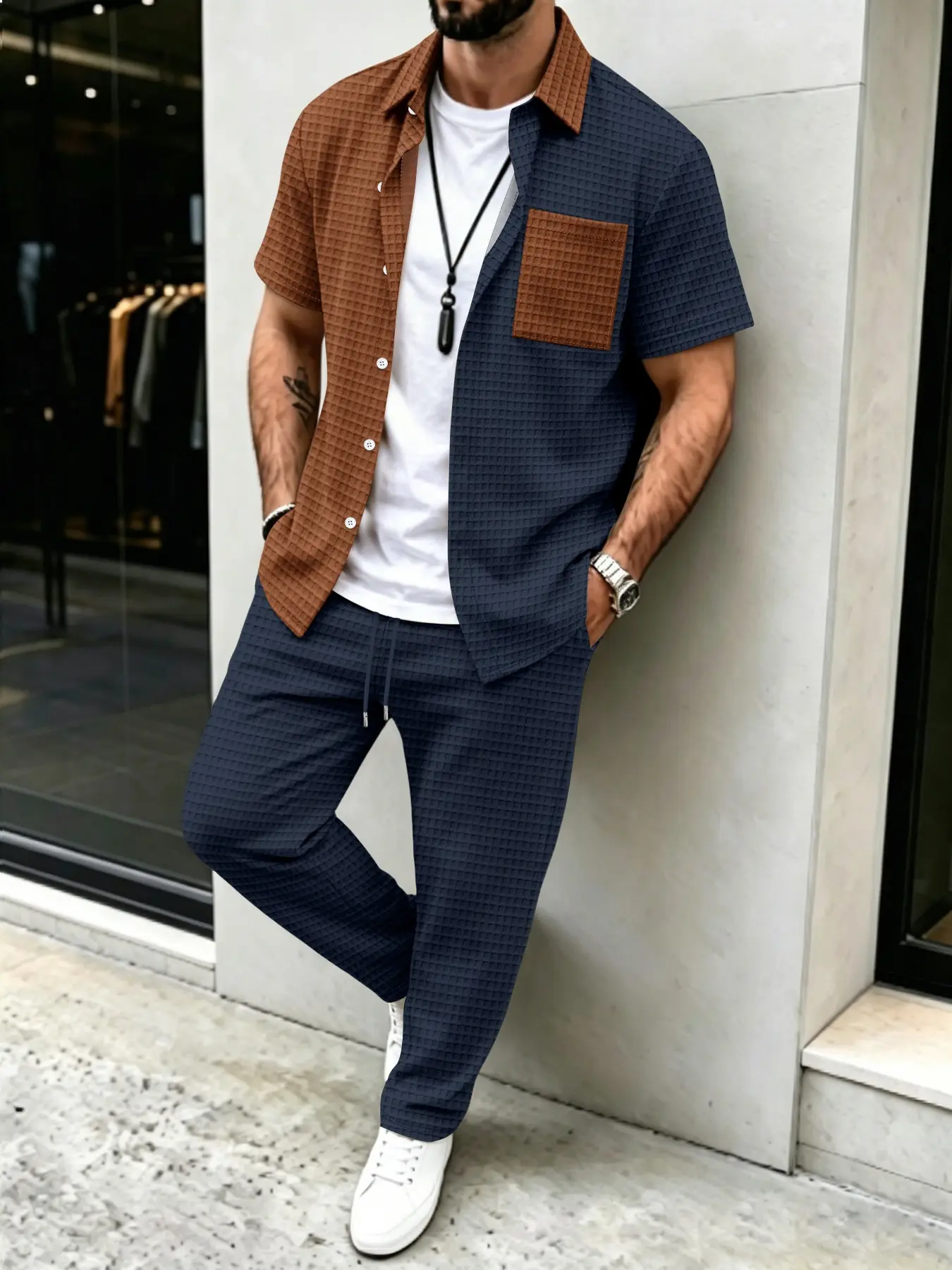 ชุดเสื้อ+กางเกงขายาวลายวาฟเฟิล - Men'S Fashion Designer บทวิจารณ์และราคา