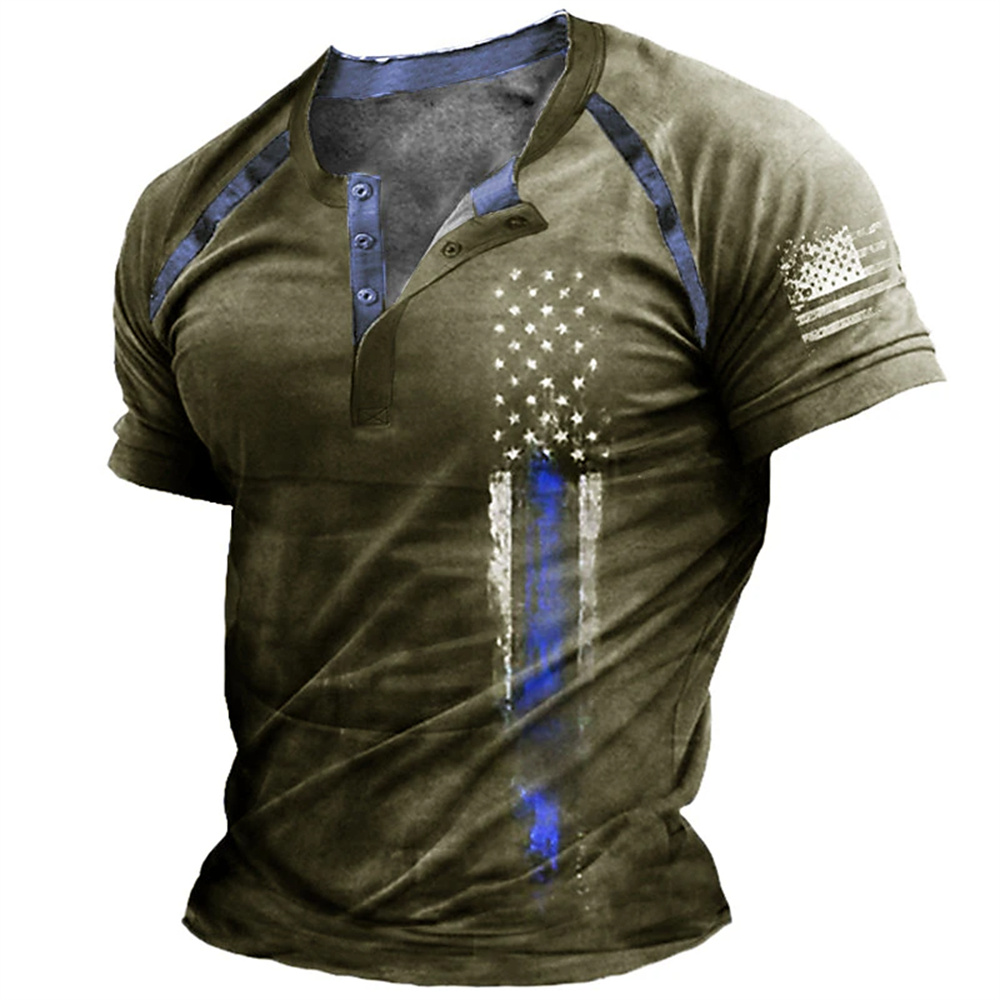 เสื้อเชิ้ตเฮนรี่พิมพ์ลายธงชาติ - Men Fashion Vintage บทวิจารณ์และราคา